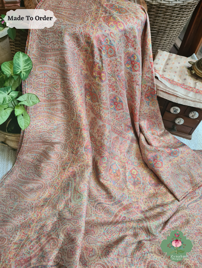 Zynah Peach Kashmiri Pure Kani Silk Jamavar Saree; Custom Stitched/Ready-made Blouse, Fall, Petticoat; SKU: 0703202501