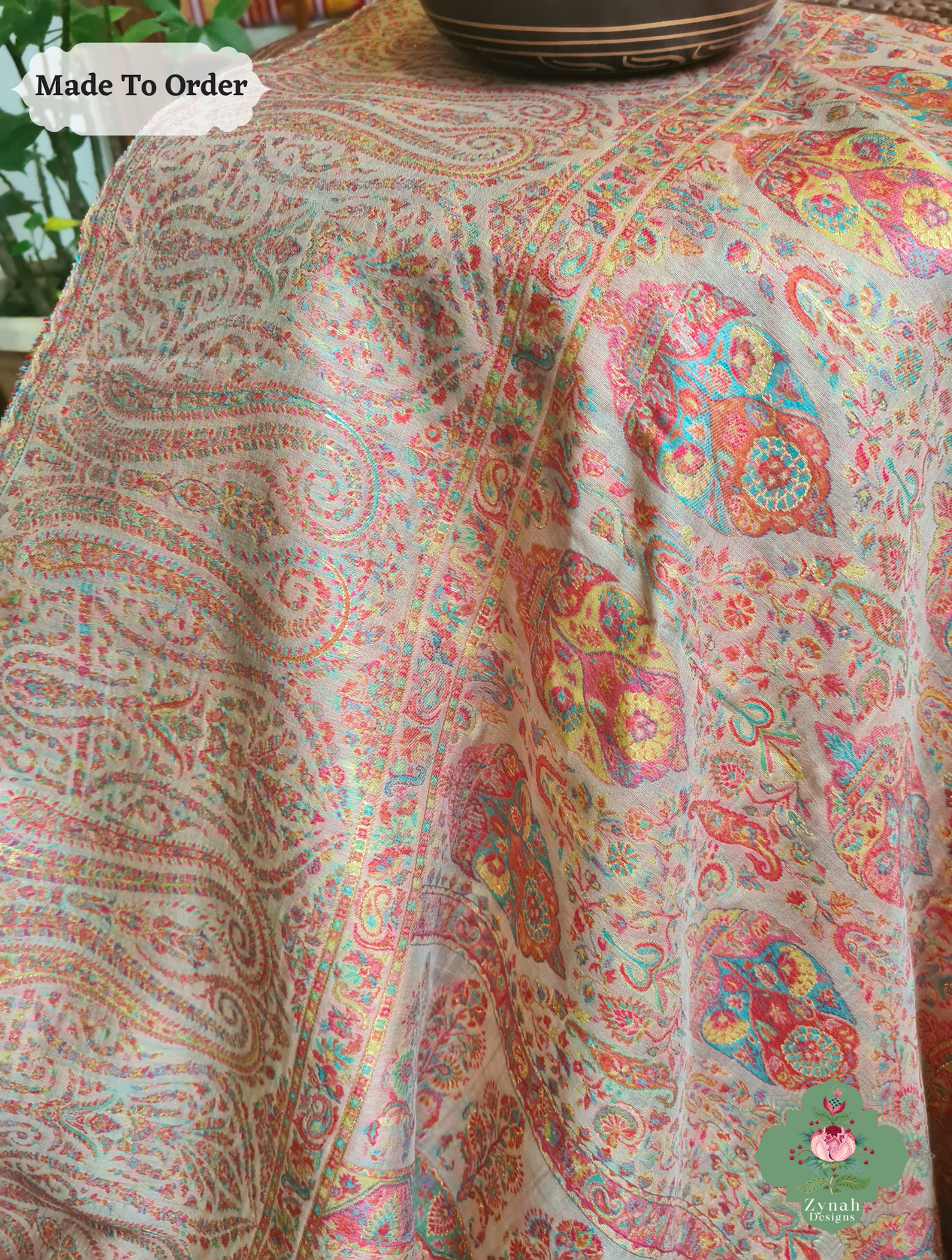 Zynah Peach Kashmiri Pure Kani Silk Jamavar Saree; Custom Stitched/Ready-made Blouse, Fall, Petticoat; SKU: 0703202501