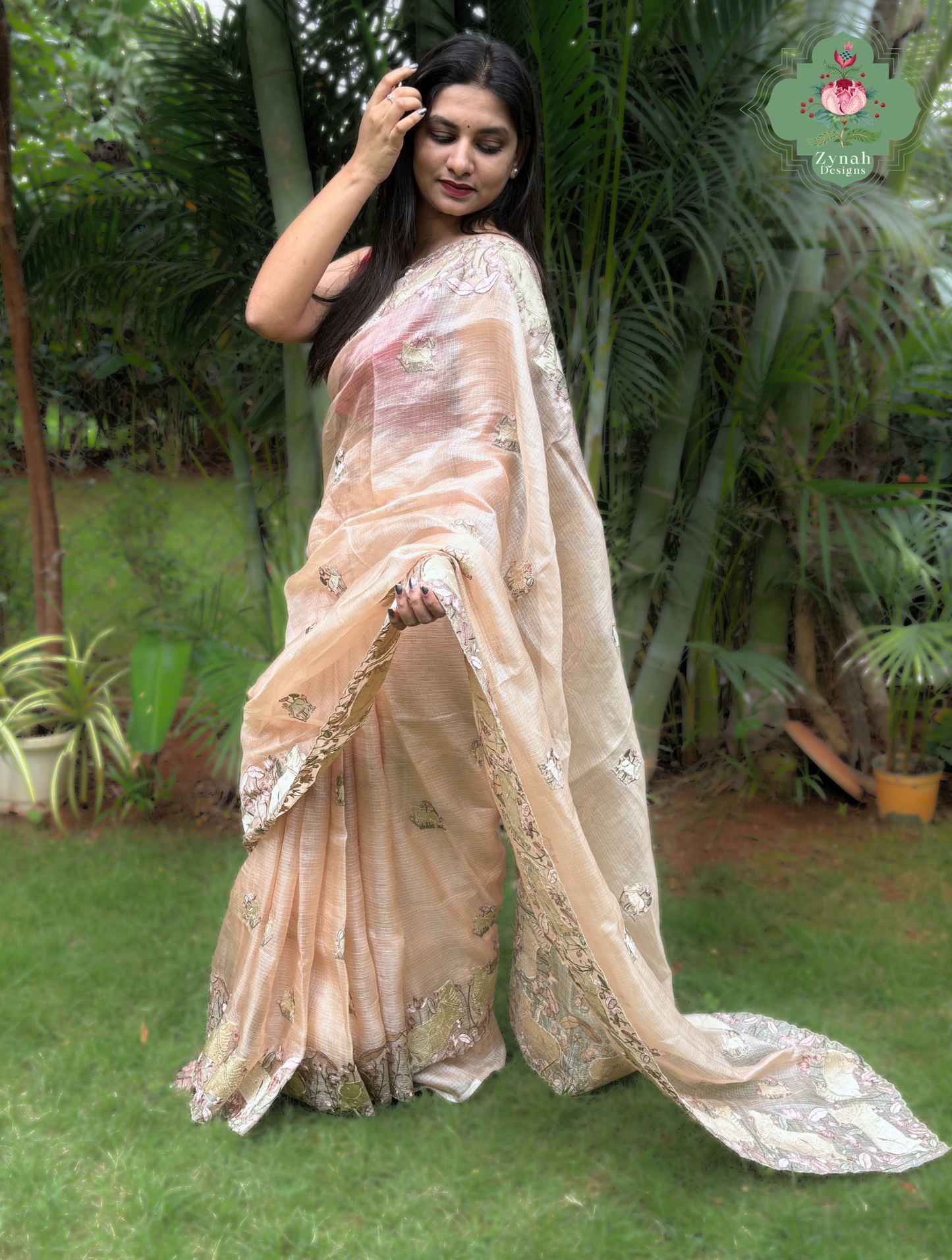 Vrinda Dusty Peach Kota Silk Saree With Pichwai Embroidery