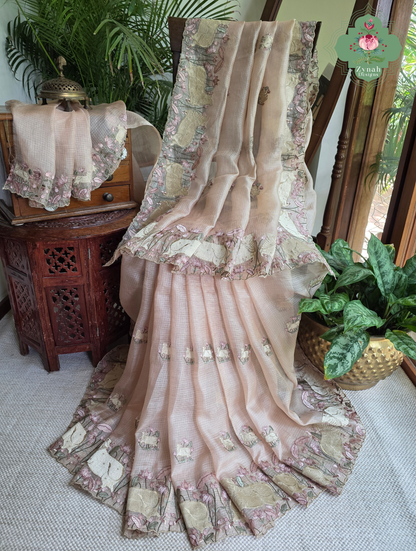Vrinda Dusty Peach Kota Silk Saree With Pichwai Embroidery