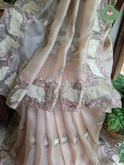 Vrinda Dusty Peach Kota Silk Saree With Pichwai Embroidery
