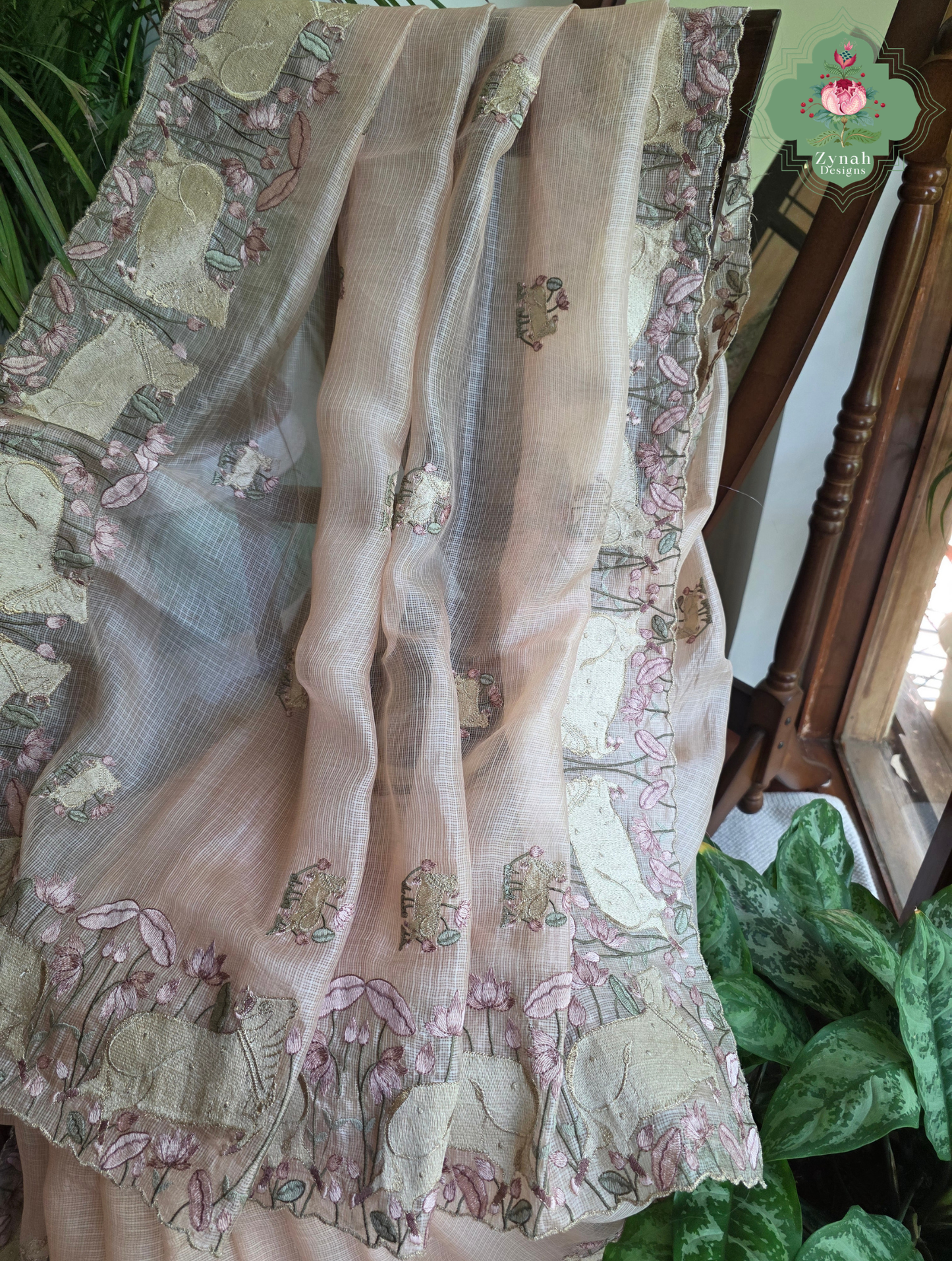 Vrinda Dusty Peach Kota Silk Saree With Pichwai Embroidery