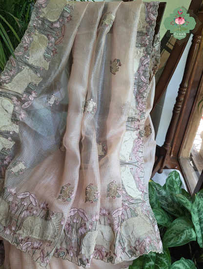 Vrinda Dusty Peach Kota Silk Saree With Pichwai Embroidery