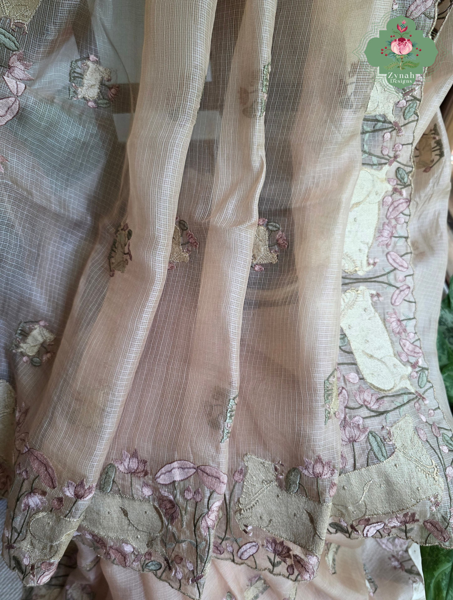 Vrinda Dusty Peach Kota Silk Saree With Pichwai Embroidery