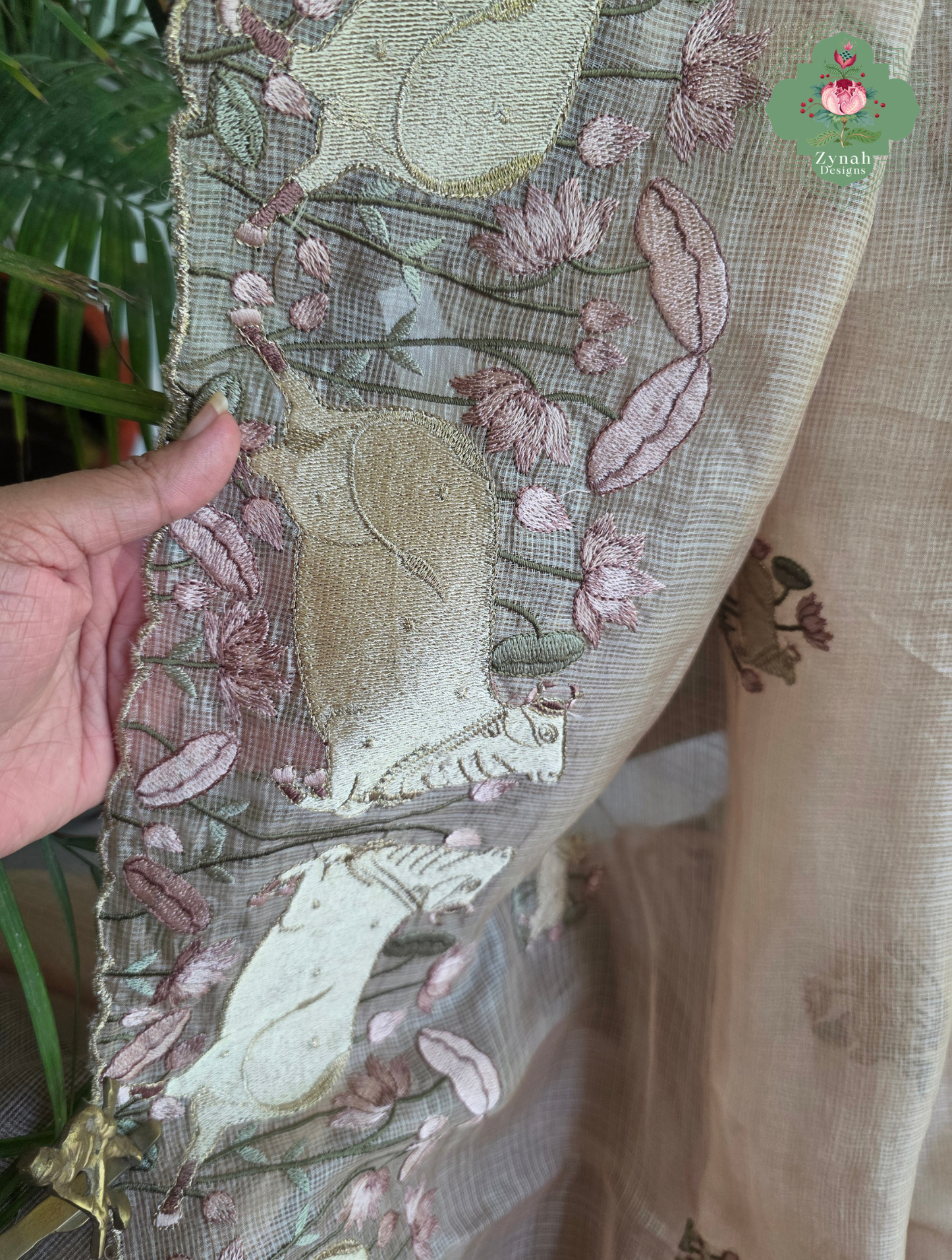 Vrinda Dusty Peach Kota Silk Saree With Pichwai Embroidery