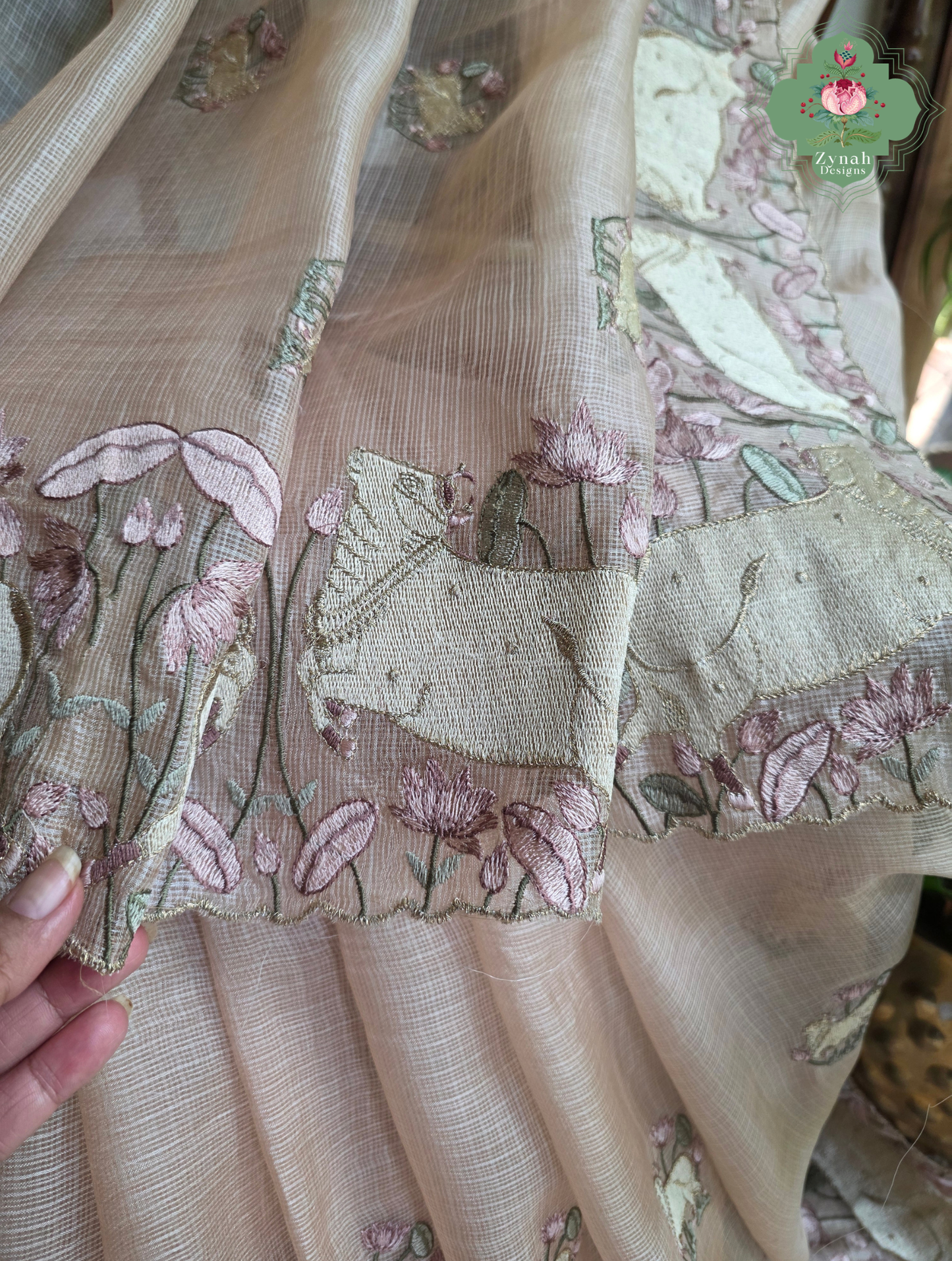 Vrinda Dusty Peach Kota Silk Saree With Pichwai Embroidery