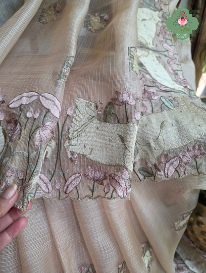 Vrinda Dusty Peach Kota Silk Saree With Pichwai Embroidery