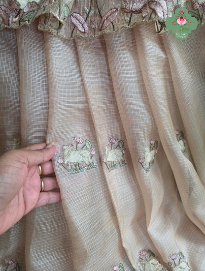 Vrinda Dusty Peach Kota Silk Saree With Pichwai Embroidery