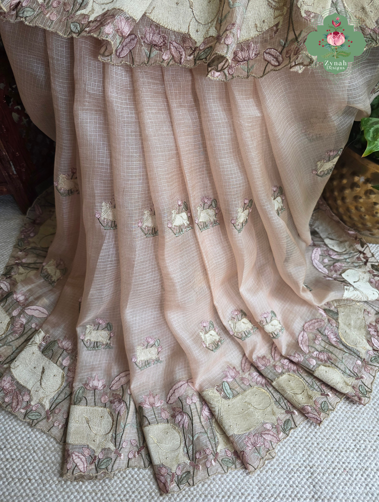 Vrinda Dusty Peach Kota Silk Saree With Pichwai Embroidery