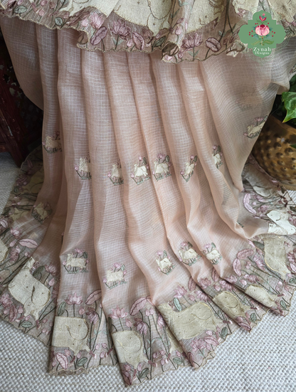 Vrinda Dusty Peach Kota Silk Saree With Pichwai Embroidery