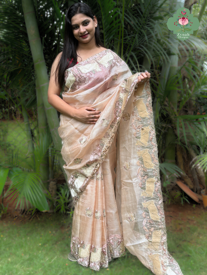 Vrinda Dusty Peach Kota Silk Saree With Pichwai Embroidery