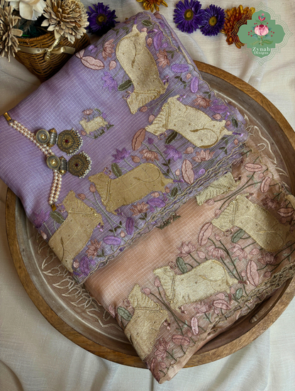 Vrinda Dusty Peach Kota Silk Saree With Pichwai Embroidery