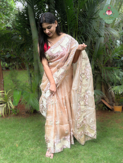 Vrinda Dusty Peach Kota Silk Saree With Pichwai Embroidery