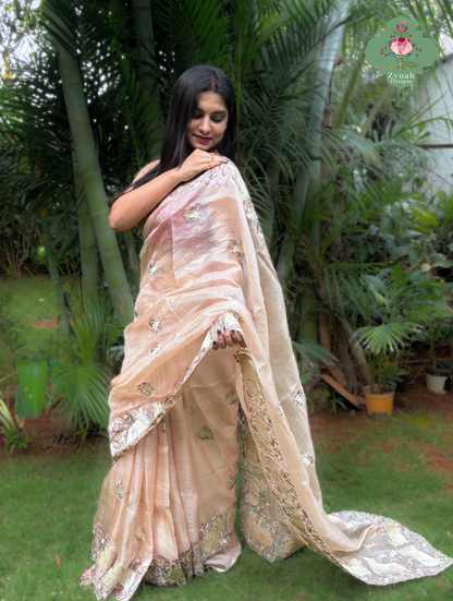 Vrinda Dusty Peach Kota Silk Saree With Pichwai Embroidery