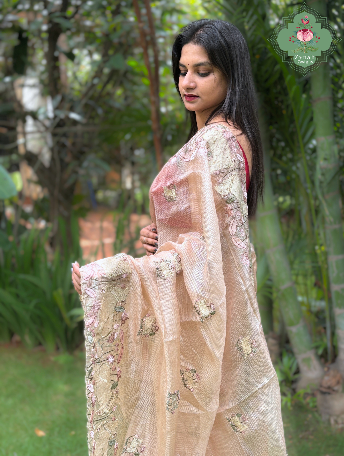 Vrinda Dusty Peach Kota Silk Saree With Pichwai Embroidery