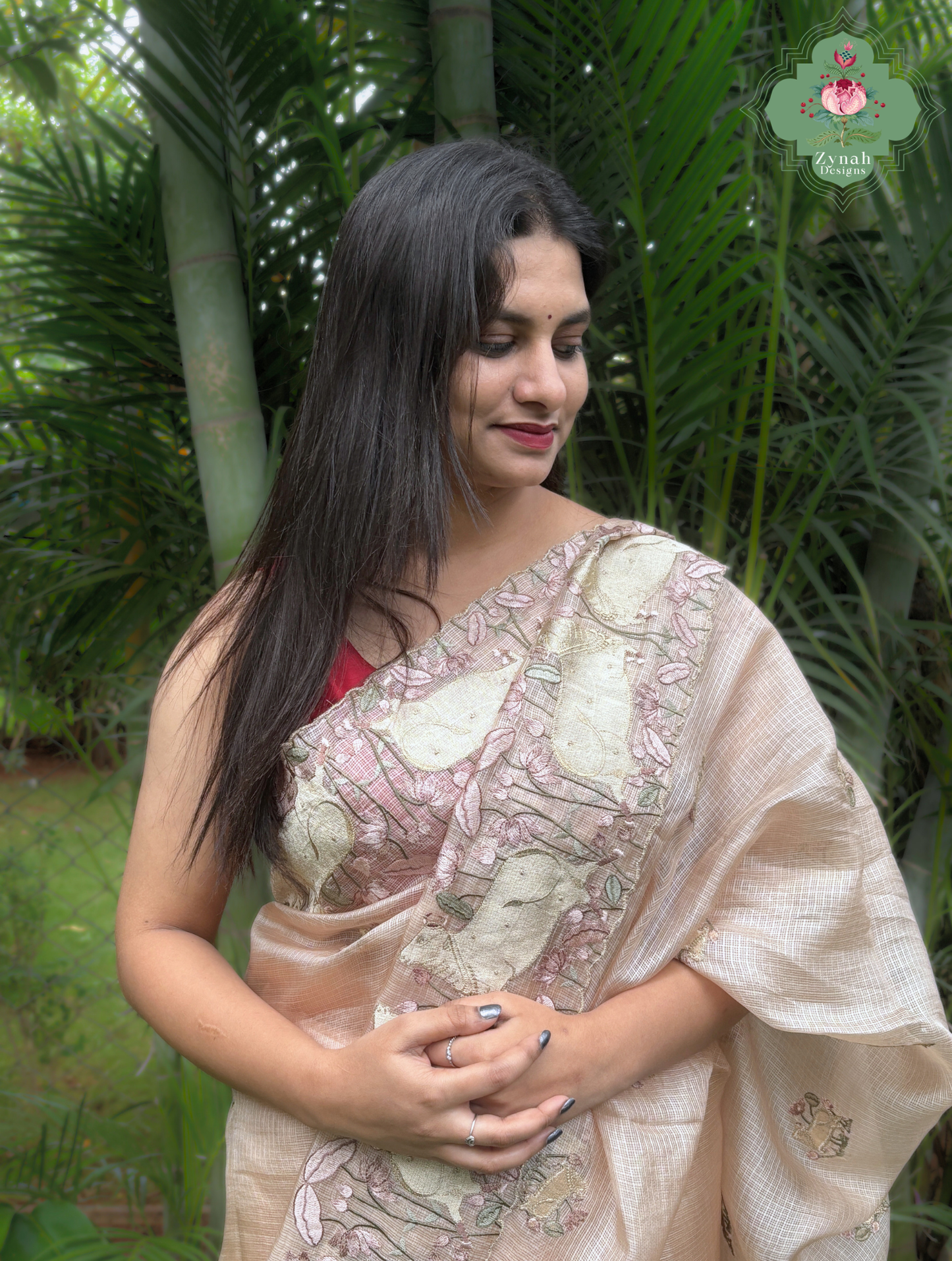 Vrinda Dusty Peach Kota Silk Saree With Pichwai Embroidery