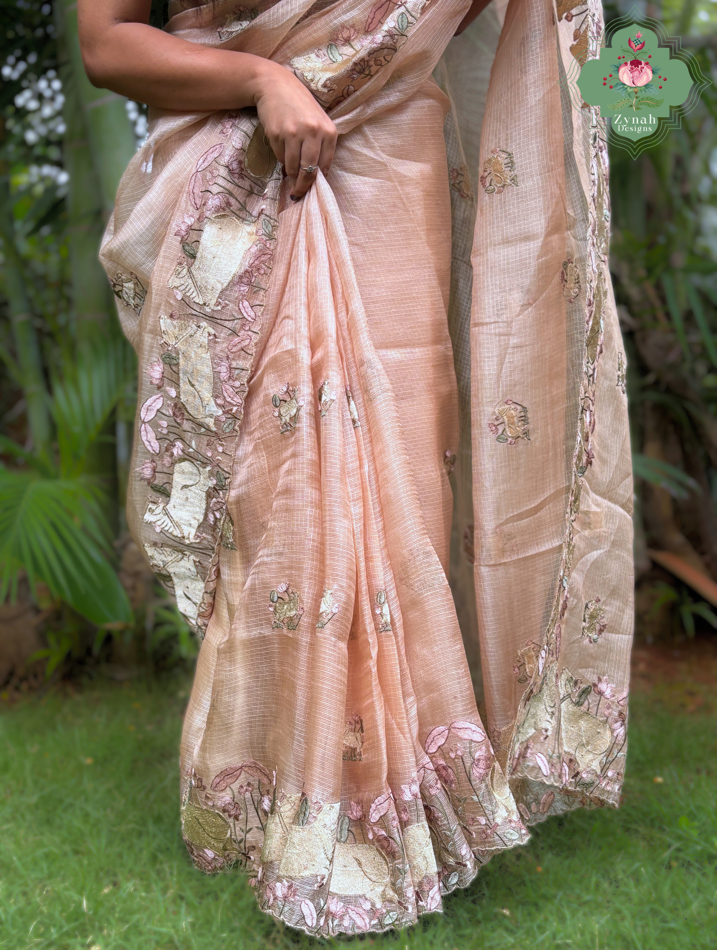 Vrinda Dusty Peach Kota Silk Saree With Pichwai Embroidery