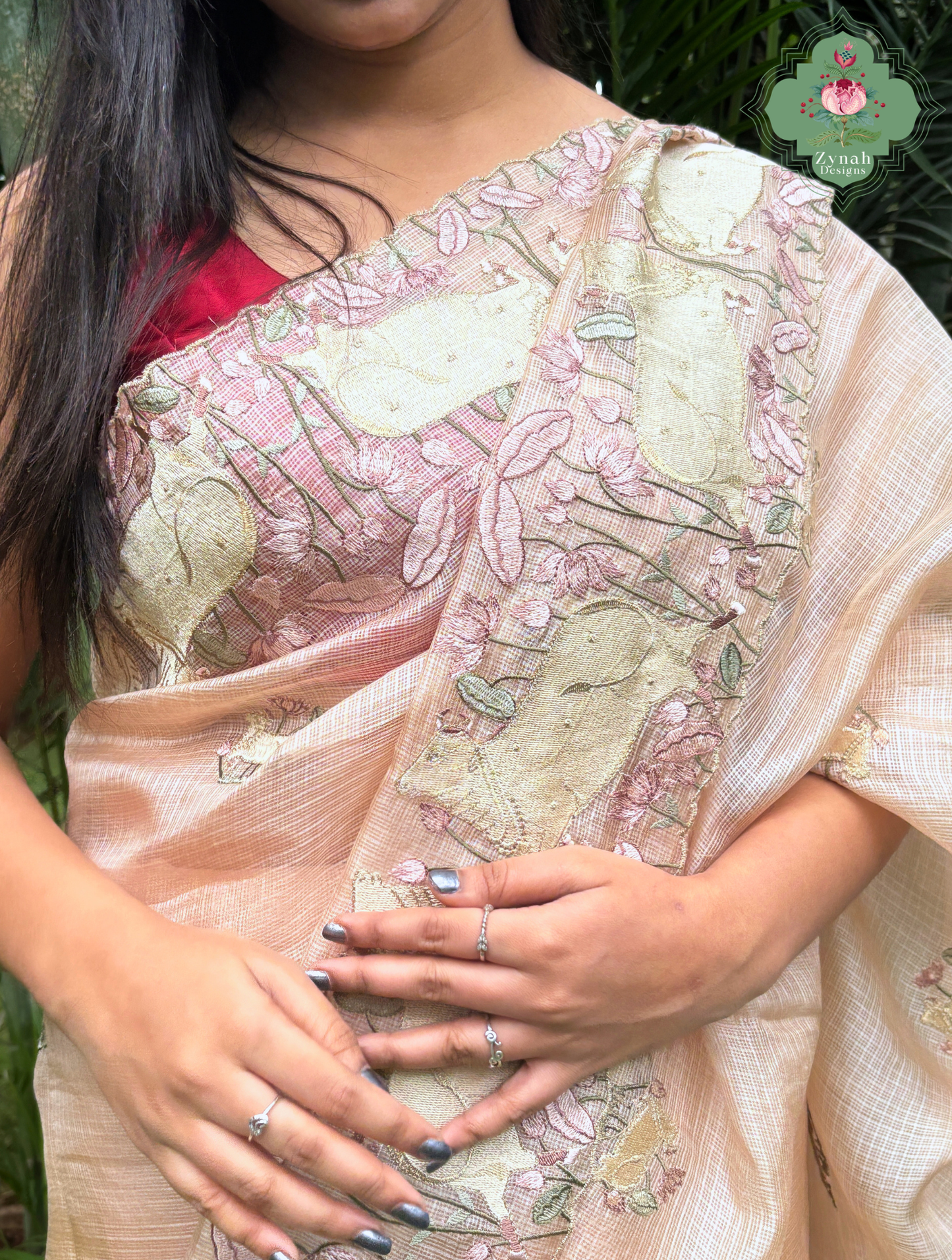 Vrinda Dusty Peach Kota Silk Saree With Pichwai Embroidery