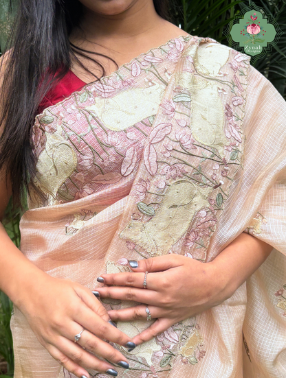Vrinda Dusty Peach Kota Silk Saree With Pichwai Embroidery