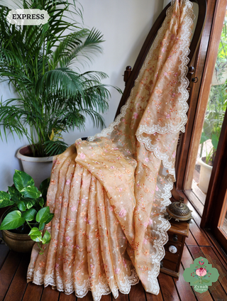 Zynah Peach Kota Tussar Silk Saree With Jaal Embroidery and Scalloped Border; Custom Stitched/Ready-made Blouse, Fall, Petticoat; SKU: 2409202401