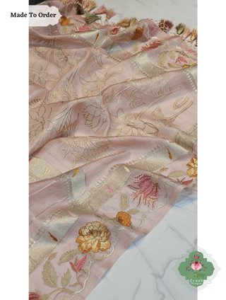 Zynah Made To Order Peach Kota Tussar Silk Saree With Embroidery; Custom Stitched/Ready-made Blouse, Fall, Petticoat; SKU: 1510202503