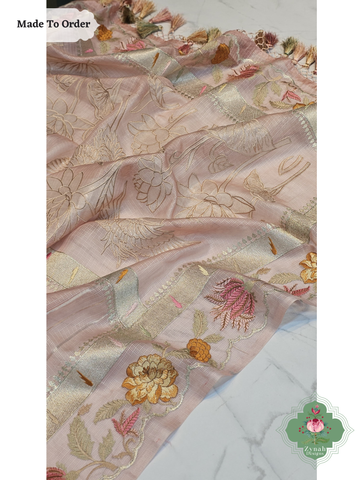 Zynah Made To Order Peach Kota Tussar Silk Saree With Embroidery; Custom Stitched/Ready-made Blouse, Fall, Petticoat; SKU: 1510202503
