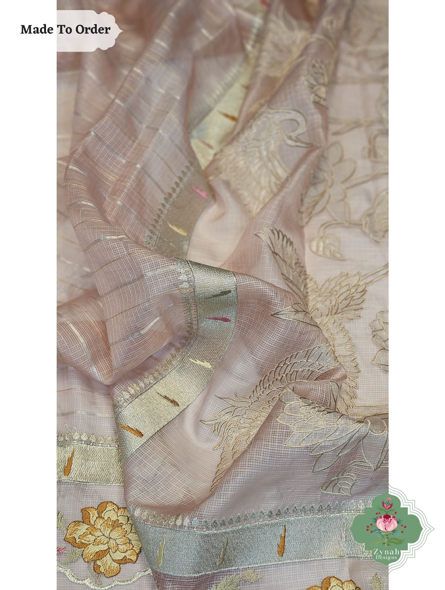 Zynah Made To Order Peach Kota Tussar Silk Saree With Embroidery; Custom Stitched/Ready-made Blouse, Fall, Petticoat; SKU: 1510202503