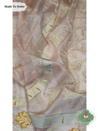Zynah Made To Order Peach Kota Tussar Silk Saree With Embroidery; Custom Stitched/Ready-made Blouse, Fall, Petticoat; SKU: 1510202503