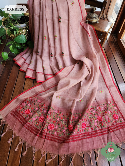 Peach Linen Tissue Saree With Frenchknot Hand Embroidery 1