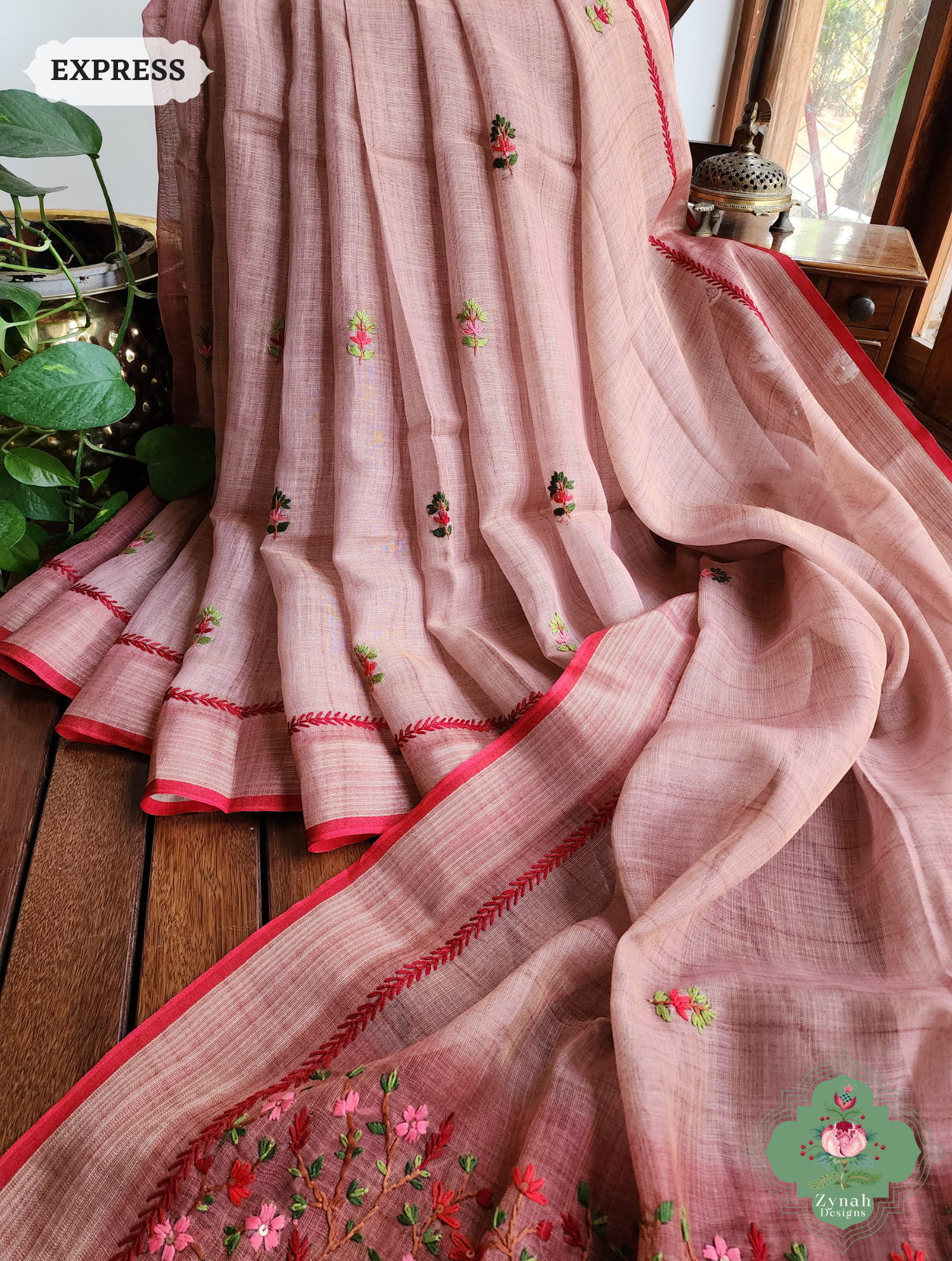 Peach Linen Tissue Saree With Frenchknot Hand Embroidery 5