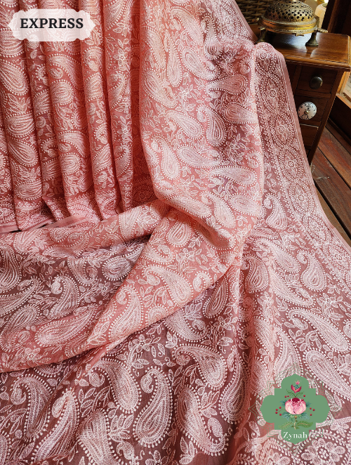 Zynah Dusty Peach Pure Organza Silk Chikankari Saree With All Over Paisley Embroidery; Custom Stitched/Ready-made Blouse, Fall, Petticoat; SKU: 2205202301