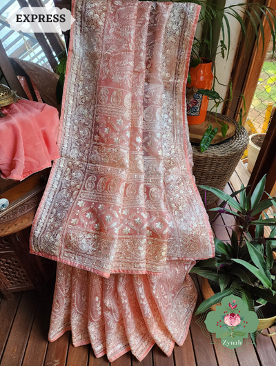 Peach Hand-Dyed Shaded Organza Chikankari Saree: Intricate Chikankari embroidery on premium organza with beautiful paisleys.