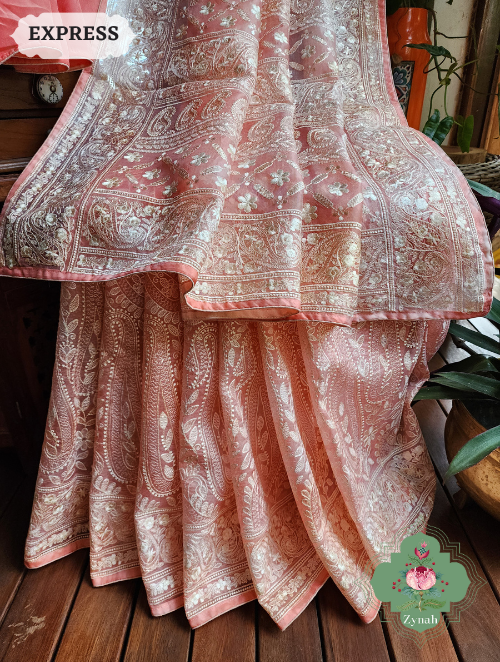 Zynah Peach Hand-Dyed Shaded Organza Chikankari Saree With Beautiful Paisleys; Custom Stitched/Ready-made Blouse, Fall, Petticoat; SKU: 2205202302