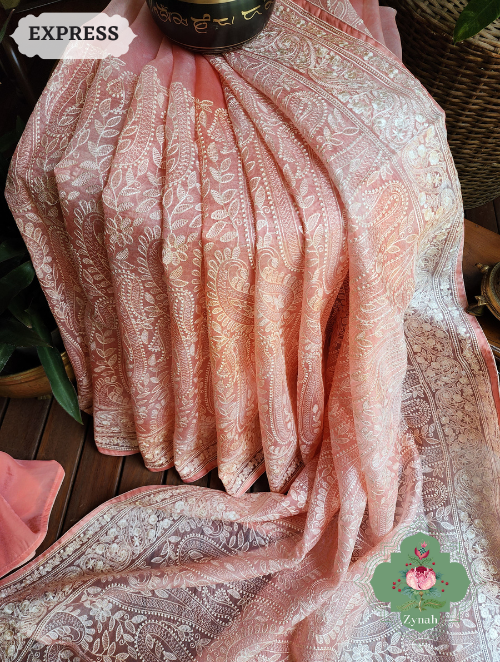 Zynah Peach Hand-Dyed Shaded Organza Chikankari Saree With Beautiful Paisleys; Custom Stitched/Ready-made Blouse, Fall, Petticoat; SKU: 2205202302