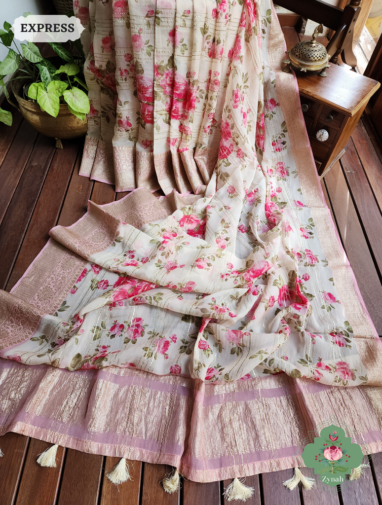 Zynah Peach Organza Satin Silk Saree With Zari Border & Zari Stripes & English Garden Print Print; Custom Stitched/Ready-made Blouse, Fall, Petticoat; SKU: 2306202304