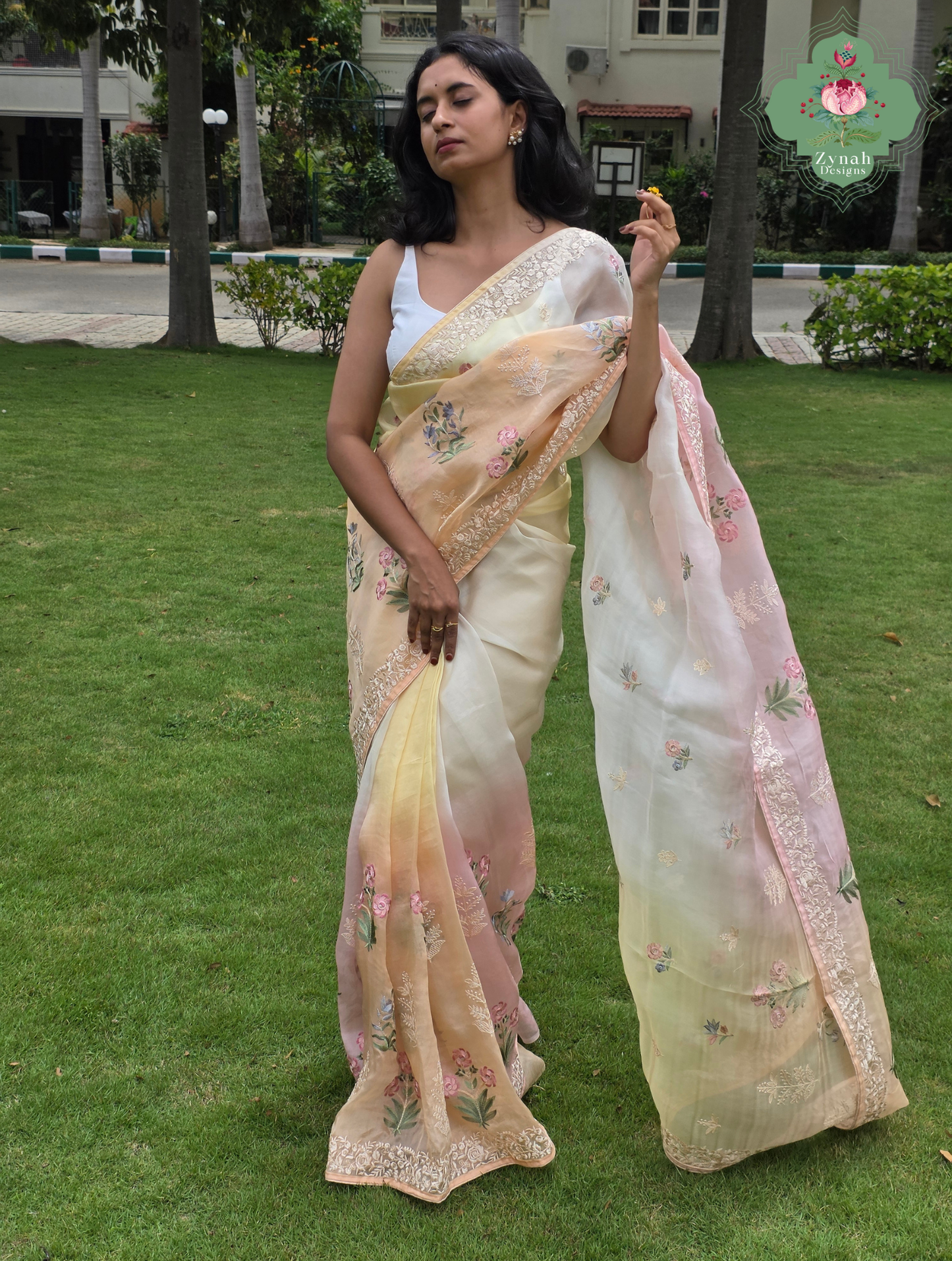 Nazm Peach & Yellow Ombre Organza Silk Saree With Floral Embroidery