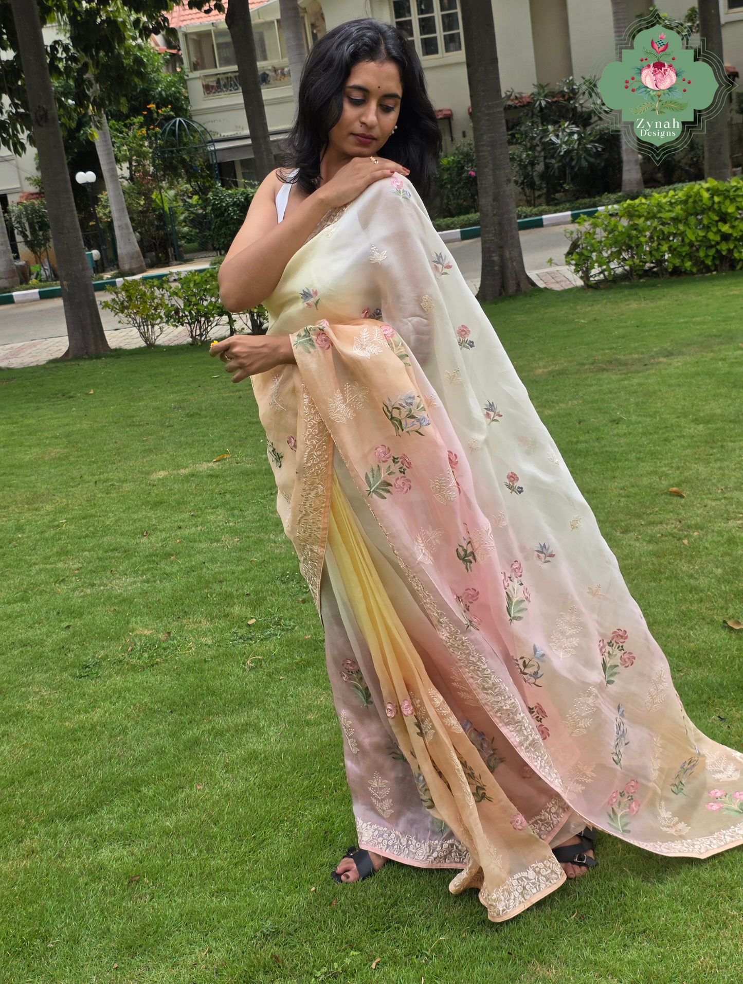Nazm Peach & Yellow Ombre Organza Silk Saree With Floral Embroidery