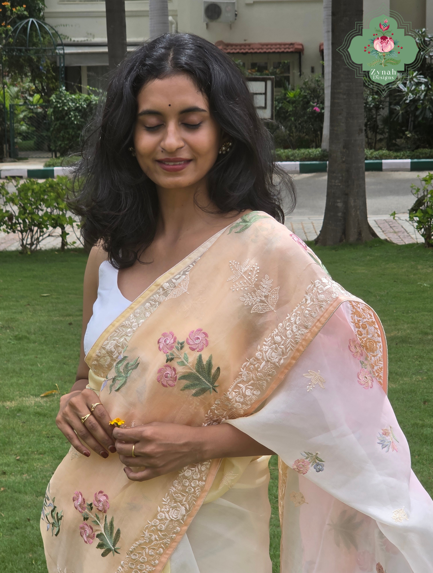 Nazm Peach & Yellow Ombre Organza Silk Saree With Floral Embroidery