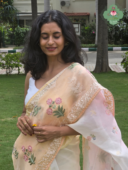 Nazm Peach & Yellow Ombre Organza Silk Saree With Floral Embroidery