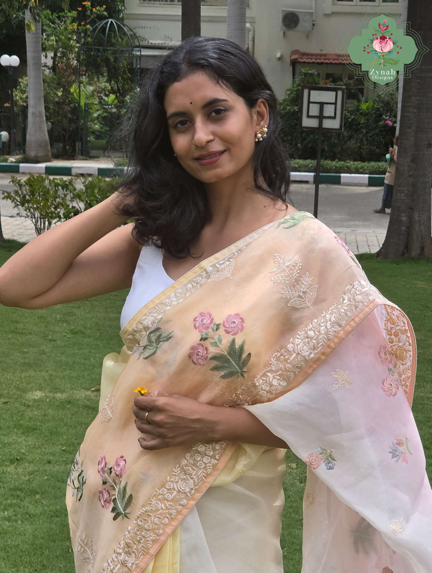 Nazm Peach & Yellow Ombre Organza Silk Saree With Floral Embroidery