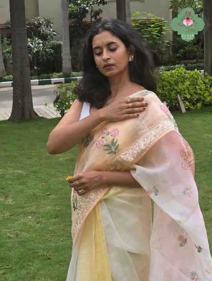 Nazm Peach & Yellow Ombre Organza Silk Saree With Floral Embroidery