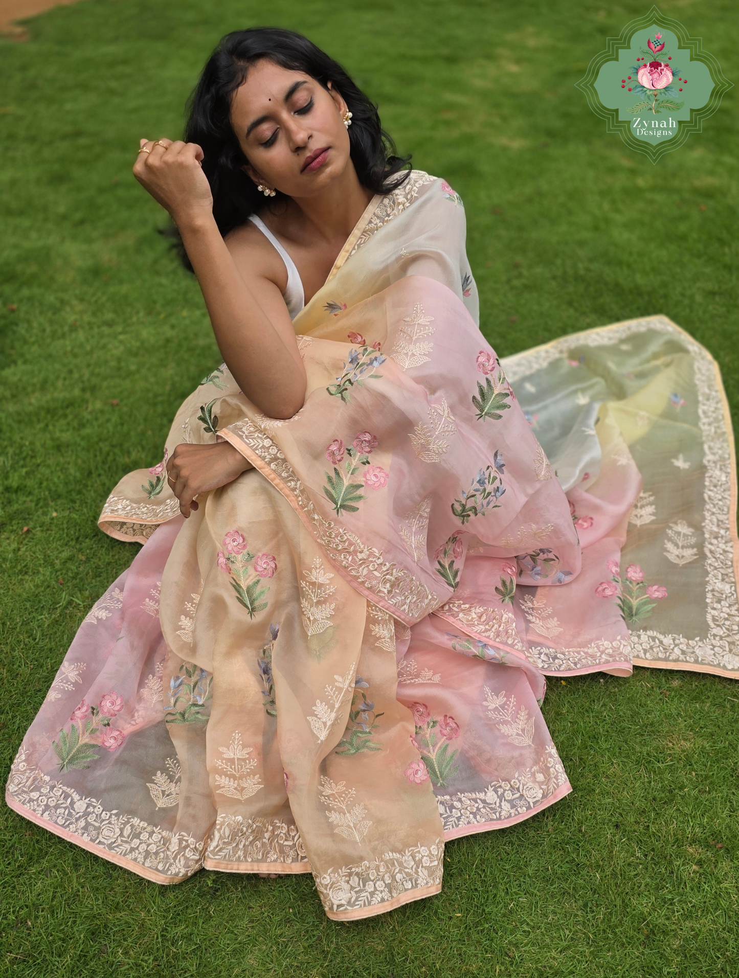 Nazm Peach & Yellow Ombre Organza Silk Saree With Floral Embroidery