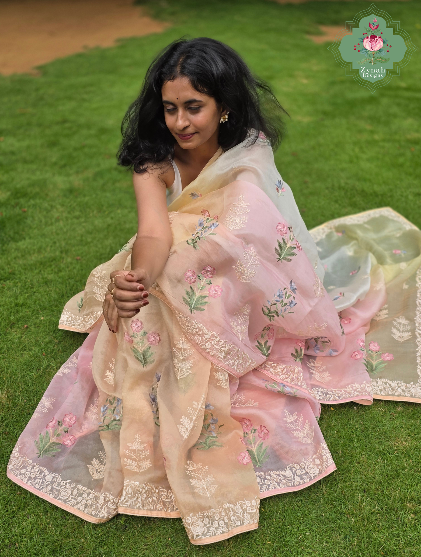 Nazm Peach & Yellow Ombre Organza Silk Saree With Floral Embroidery