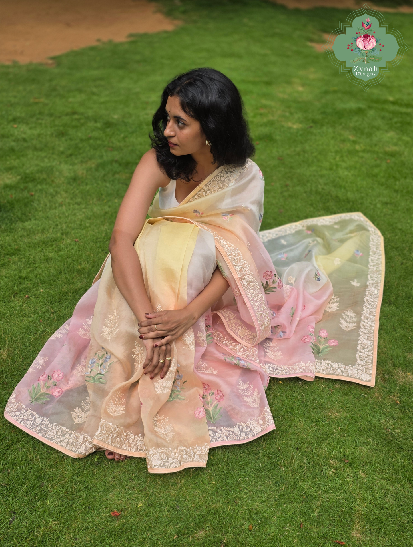 Nazm Peach & Yellow Ombre Organza Silk Saree With Floral Embroidery