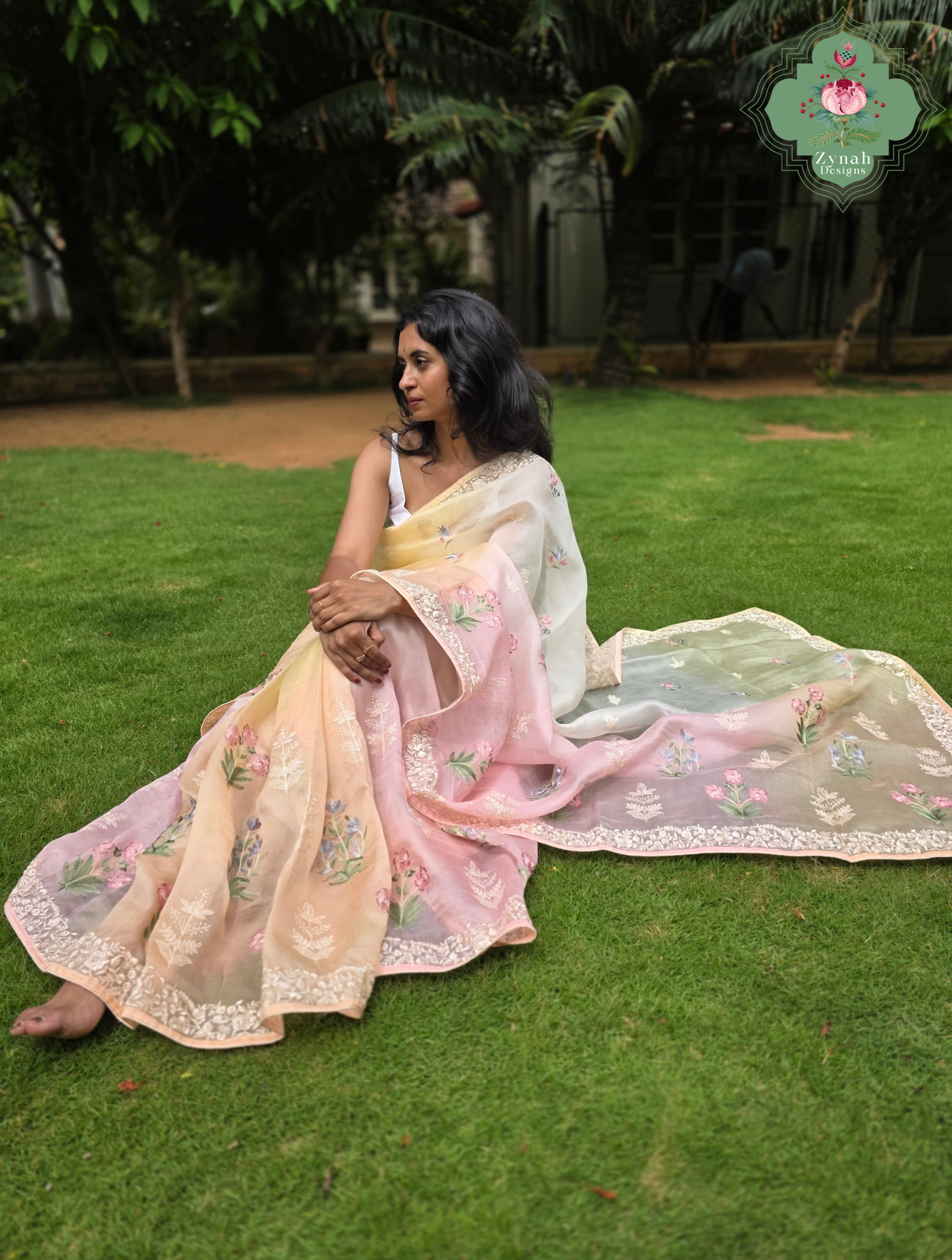 Nazm Peach & Yellow Ombre Organza Silk Saree With Floral Embroidery
