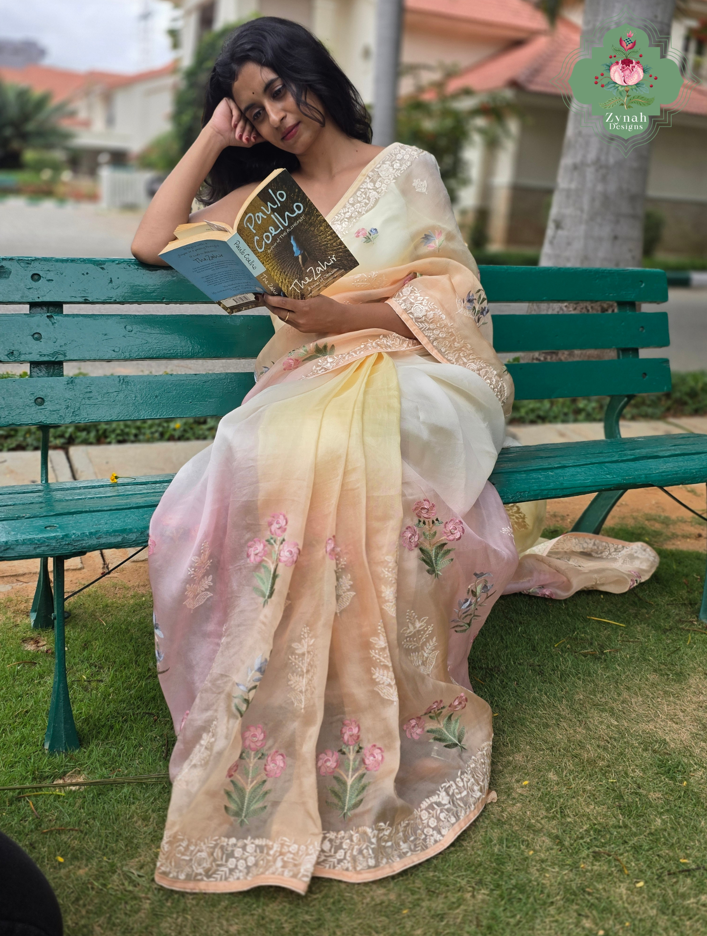 Nazm Peach & Yellow Ombre Organza Silk Saree With Floral Embroidery