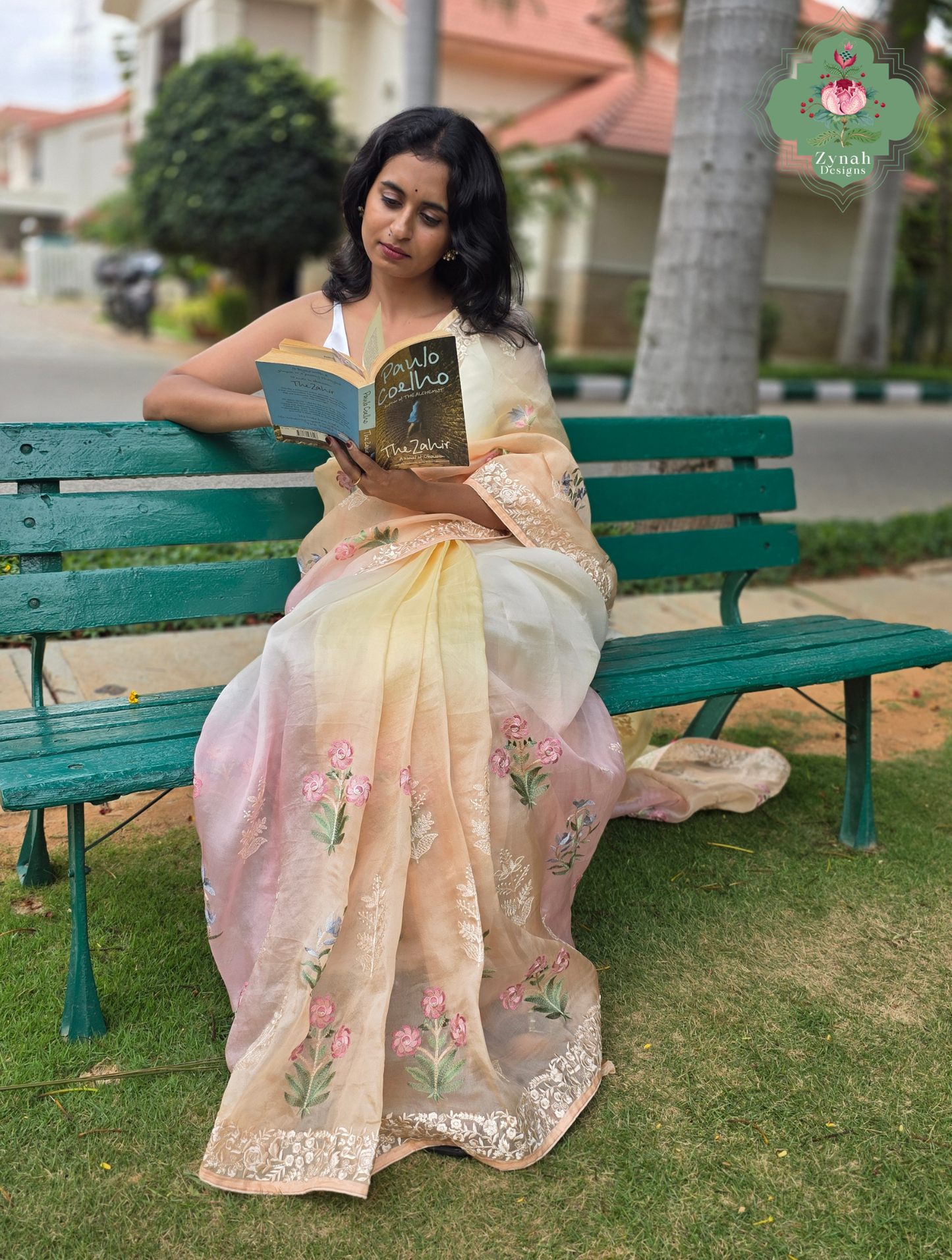 Nazm Peach & Yellow Ombre Organza Silk Saree With Floral Embroidery