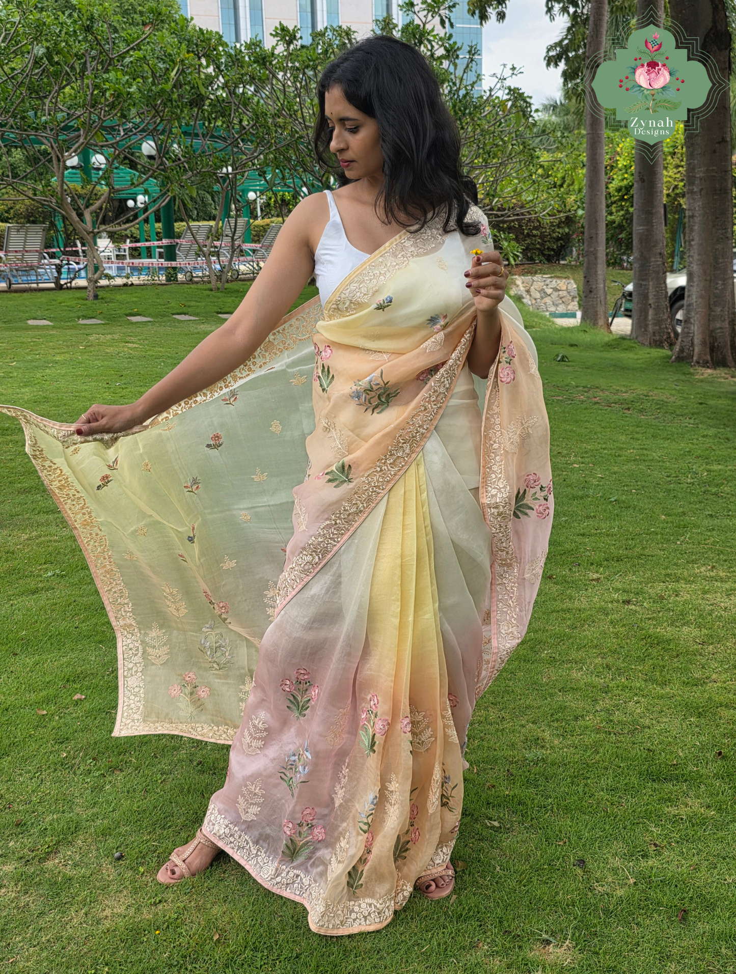 Nazm Peach & Yellow Ombre Organza Silk Saree With Floral Embroidery