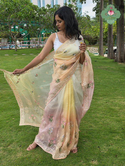 Nazm Peach & Yellow Ombre Organza Silk Saree With Floral Embroidery