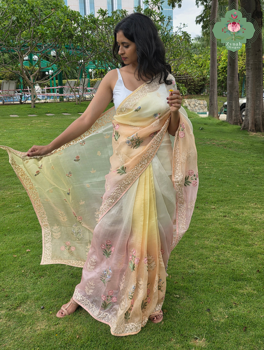 Nazm Peach & Yellow Ombre Organza Silk Saree With Floral Embroidery